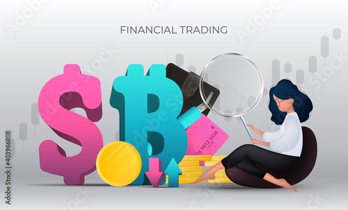Financial shopping banner. The girl analyzes the financial market. Wallet, bank card, gold coins, magnifier. Dollar and bitcoin icon. Vector.