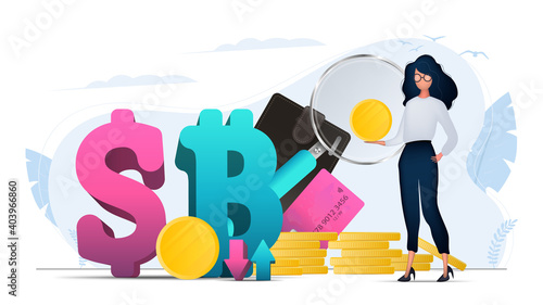 Financial trading banner. The girl is holding a gold coin in her hands. Gold coins, wallet, bank card, chart, Dollar and bitcoin icon. Vector.