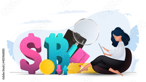 The girl analyzes the financial market. Wallet, bank card, gold coins, magnifier. Dollar and bitcoin icon. Financial shopping banner. Vector.