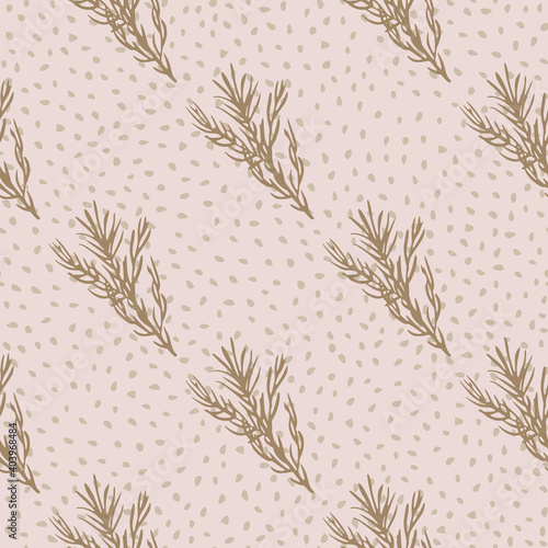 Brown colored rosemary doodle silhouettes seamless pattern. Light pink dotted background.