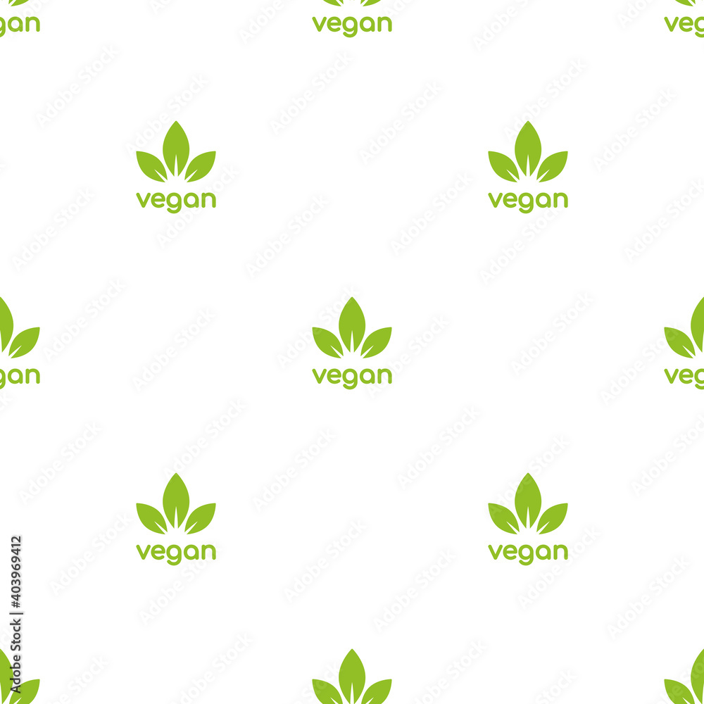 Seamless ornament with green vegan, veggie product label on white background.