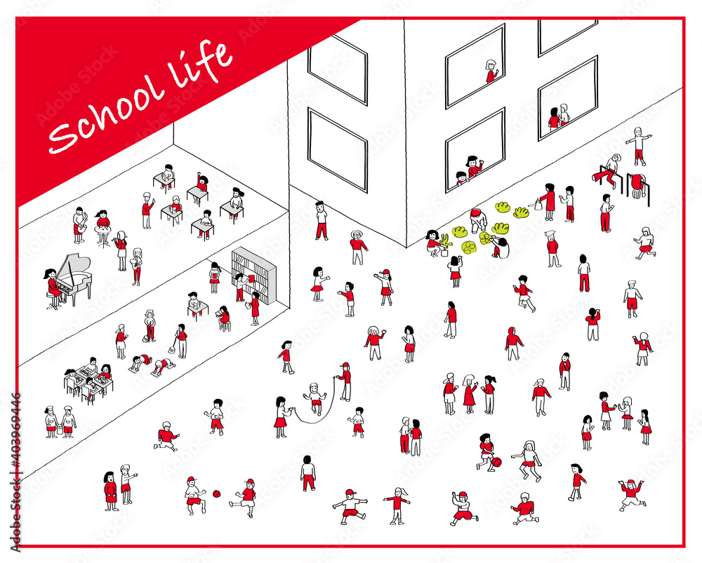 学校生活 シンプルな線画手描きイラスト 校舎と運動場の風景 元気な子供達 赤色 黒 Stock ベクター Adobe Stock 学校生活 シンプルな線画手描きイラスト 校舎と運動場の風景 元気な子供達 赤色 黒 Stock ベクター Adobe Stock