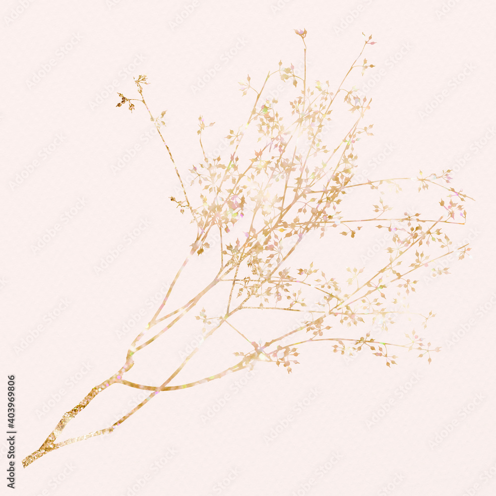 Glittery gold leaf branch on pink background