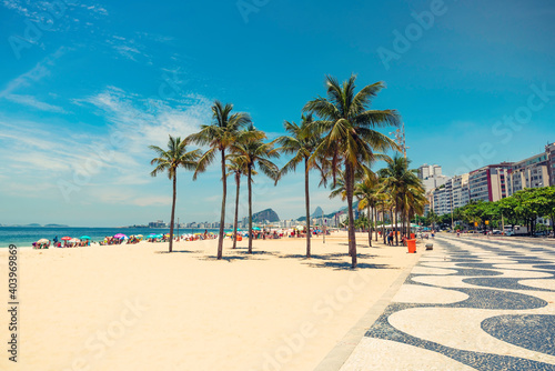 Palms on Copacabana Beach next to landmark mosaic in Rio de Janeiro, Brazil © marchello74