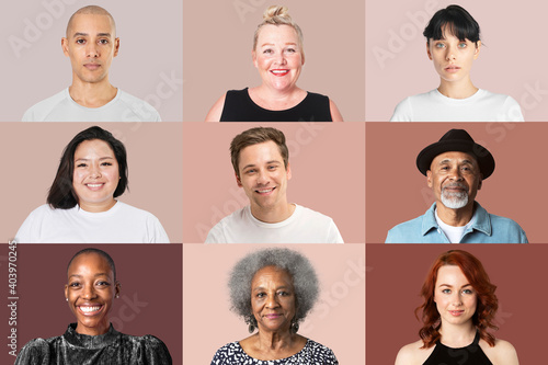 Diverse happy people closeup portrait on brown background collection photo