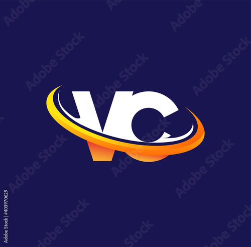 VC initial logo company name colored white and orange swoosh design, isolated on dark background. vector logo for business and company identity.