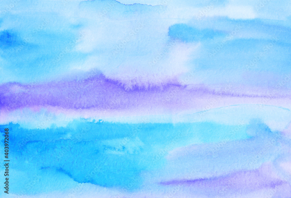 Watercolor light blue and purple background painting texture. Multicolored pastel soft backdrop. Stains on paper.