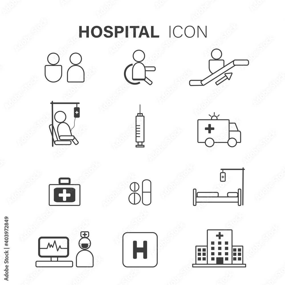Set of hospital related vector black line icons on white background. Vector line icons isolated on a white background. Contains such Icons as emergency, patient, disabled, hypodermic syringe and more. Set of hospital related vector black line icons on white background. Vector line icons isolated on a white background. Contains such Icons as emergency, patient, disabled, hypodermic syringe and more.