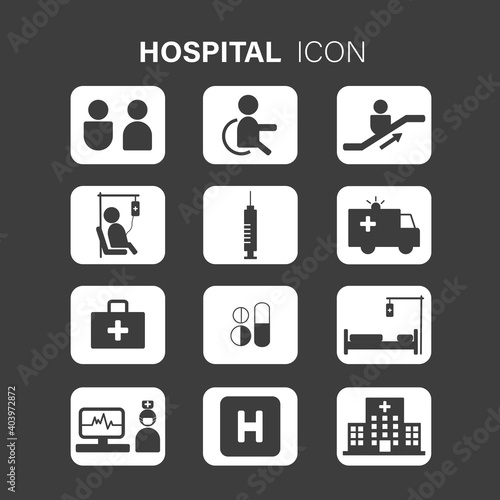 Set of hospital related vector icons in white square buttons. Contains such Icons as emergency, patient, disabled, hypodermic syringe and more.
