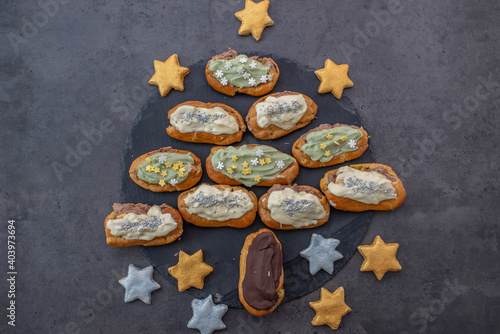 sweet home made Eclairs Tree. The concept of Christmas
