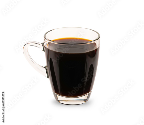 Hot black coffee in glass cup isolated on white background.
