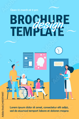 Patients in hospital waiting in line flat vector illustration