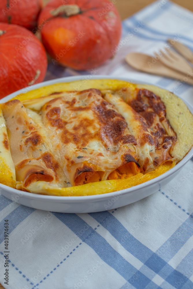 home made tasty cannelloni pumpkin on a table home made tasty cannelloni pumpkin on a table
