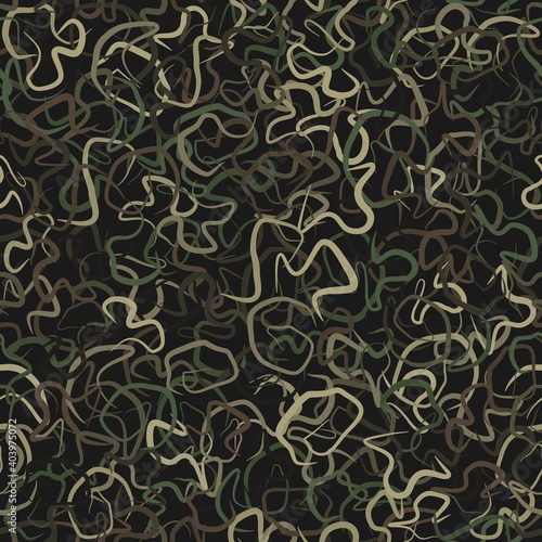 Vector military ghillie camouflage seamless pattern with grass and leaves