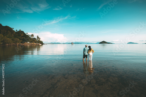 Romantic middle aged couple enjoying beautiful beach