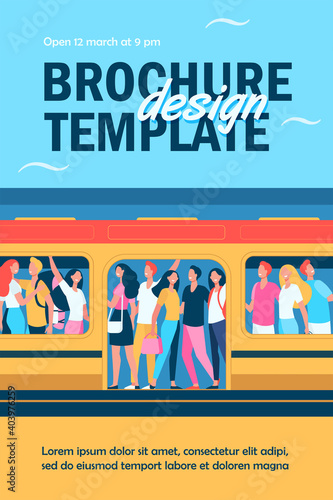 Crowd of happy people travelling by subway train