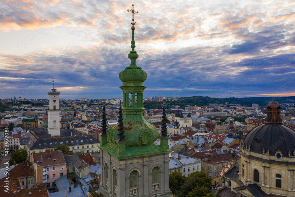 Aerial view on Dominican Church and Dormition Church in Lviv, Ukraine from drone Aerial view on Dominican Church and Dormition Church in Lviv, Ukraine from drone