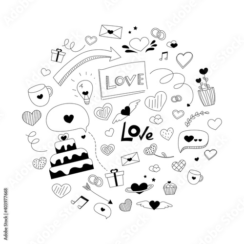 Love doodle elements set in circle - cake, hearts, lettering, messages, flowers, wedding icons, valentine card with hand drawn black icons on white background