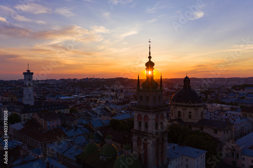  Aerial view on Dominican Church and Dormition Church in Lviv  Ukraine from drone