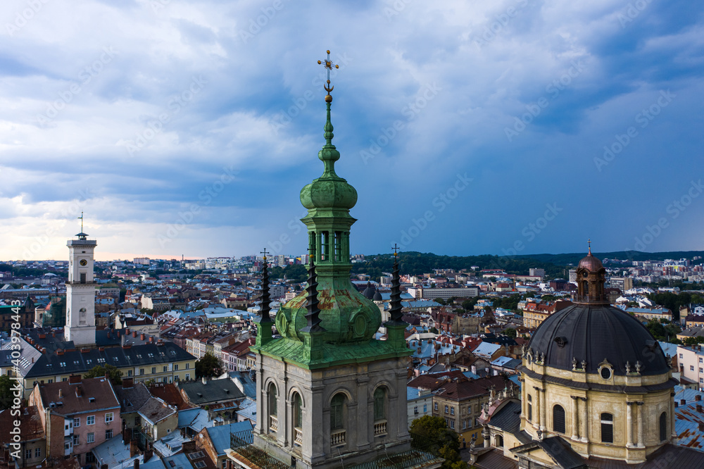 Aerial view on Dominican Church and Dormition Church in Lviv, Ukraine from drone Aerial view on Dominican Church and Dormition Church in Lviv, Ukraine from drone