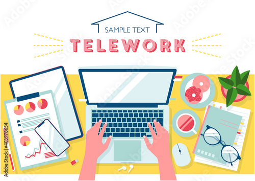 overhead view of the working desk - vector illustration with copy space photo