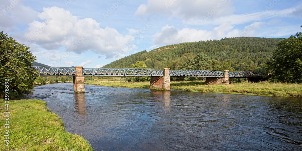 A girder road bridge over the River Tweed, near Innerleithen, Scottish Borders, Scotland, UK.