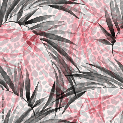 Transparent tropical seamless pattern. Abstract tropical floral creative back...