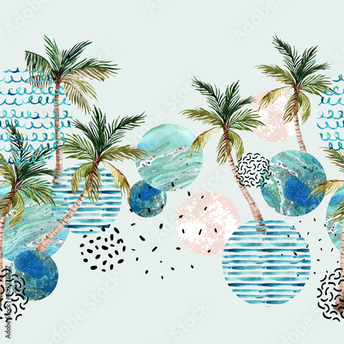 Modern art of geometric shapes, natural elements. Hand drawn illustration: planet, sea, sunset, palm trees