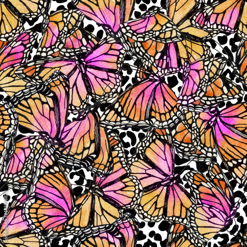 Beautiful watercolor butterflies on animal print background.