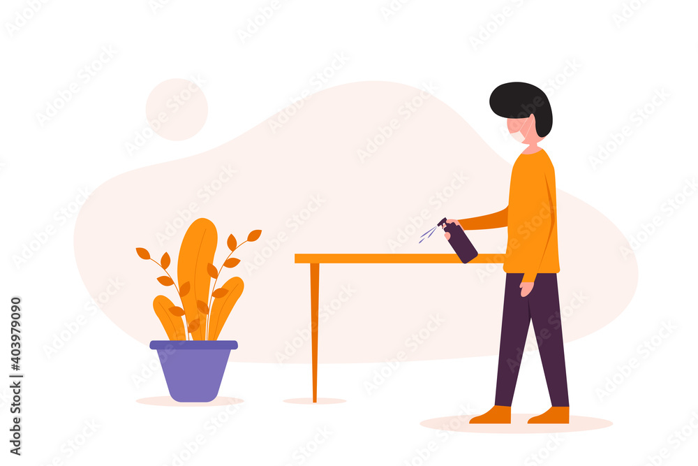 a boy doing virus disinfection on the table illustration with pastel color a boy doing virus disinfection on the table illustration with pastel color