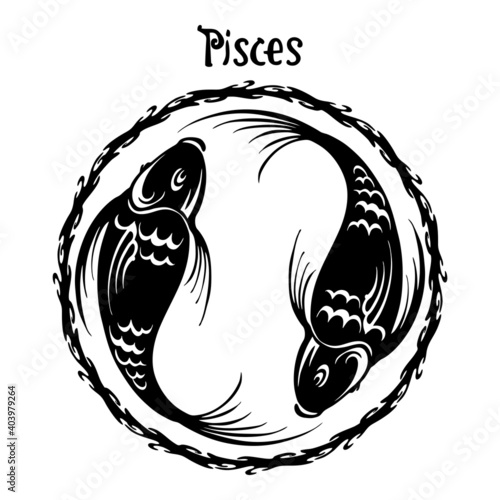 Pisces zodiac sign design form illustration doodle drawing tattoo and  freehand typography style vector with white background 