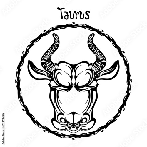 Taurus zodiac sign design form illustration doodle drawing tattoo and  freehand typography style vector with white background 