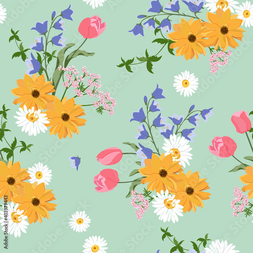 Seamless vector illustration with delicate dahlia, bells, chamomile and tulips on a green background.