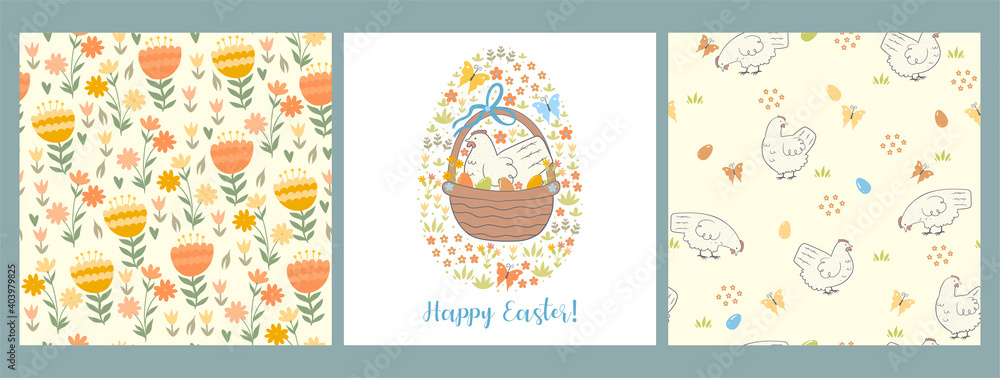 Set of Easter graphics with chickens, eggs and flowers. Vector graphics.