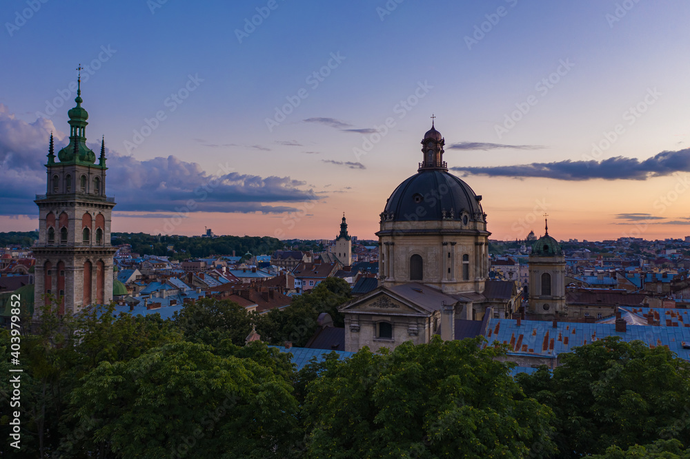 Aerial view on Dominican Church and Dormition Church in Lviv, Ukraine from drone