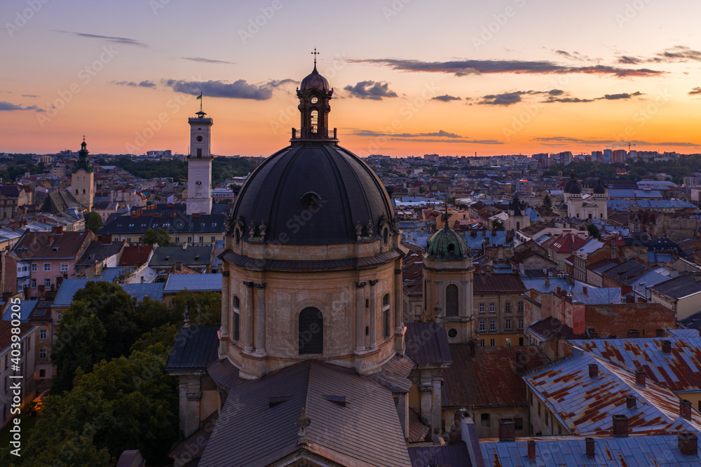 Aerial view on Dominican Church in Lviv, Ukraine from drone