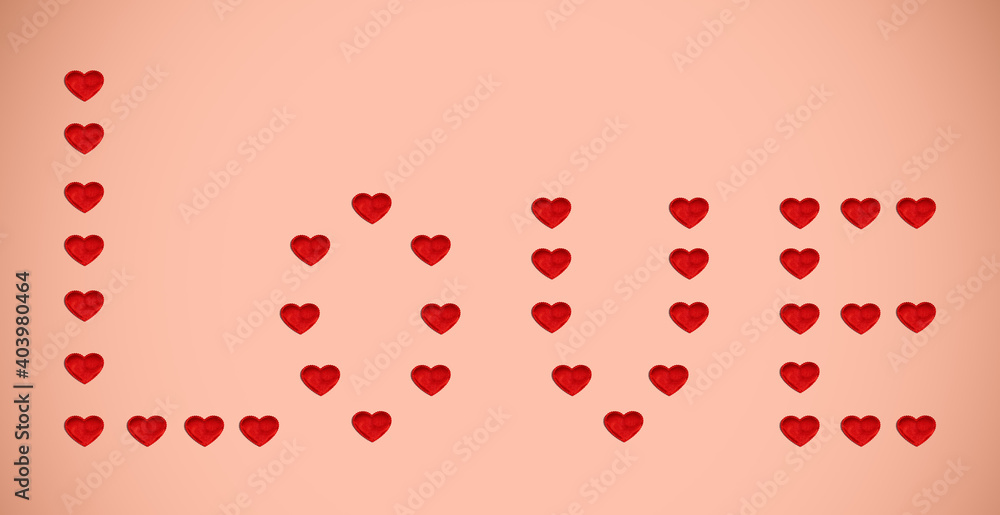 Pattern of hearts in the form of the word love on a gold background