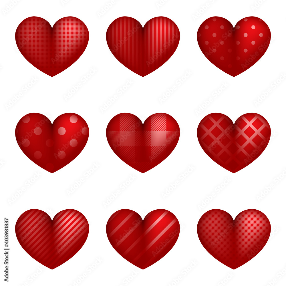 Red Hearts. Valentine Hearts concept. Love. Valentines day. Realistic red Heart with different picture. Vector illustration