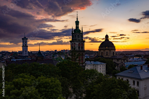 Aerial view on Dominican Church and Dormition Church in Lviv, Ukraine from drone © Ruslan