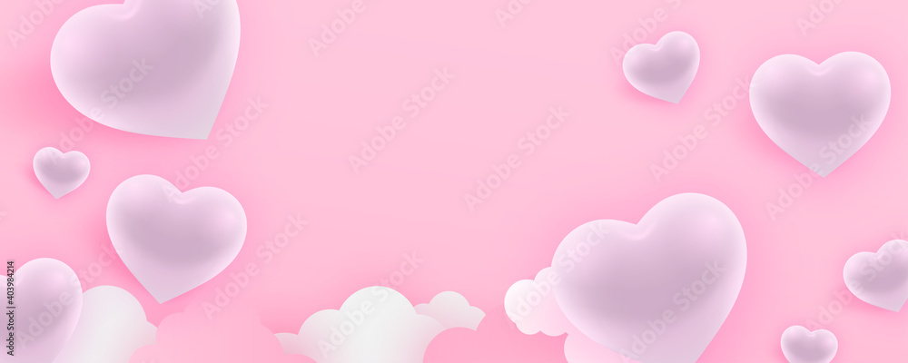Valentine's day banner with glossy white hearts. Empty space, gift box cover, greeting card banner. wallpaper.