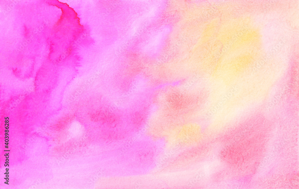 Watercolor light yellow and pink background. Colorful watercolour bright soft backdrop, stains on paper.