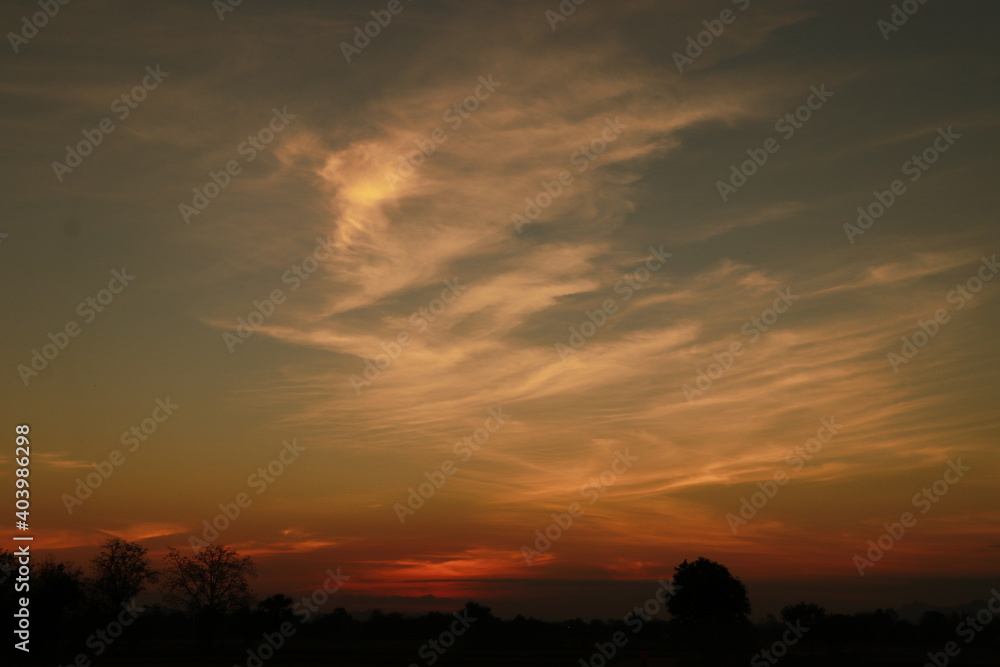 The Orange light of Sunrise ,silhouette and blue sky in the morning The Orange light of Sunrise ,silhouette and blue sky in the morning