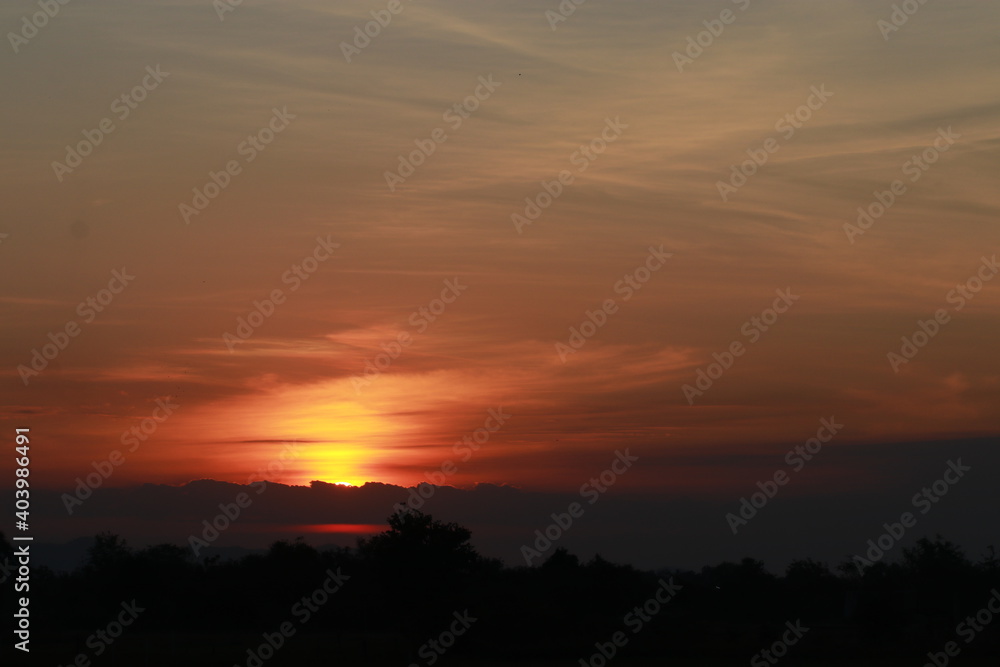 Golden light of Sunrise and silhouette in the morning