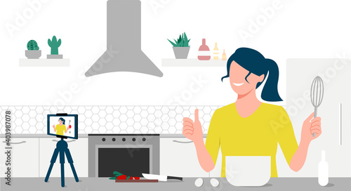 Food blogger streaming live. A beautiful woman records an online cooking video tutorial on his phone. Woman communicating with subscribers through phone camera. Eps 10.