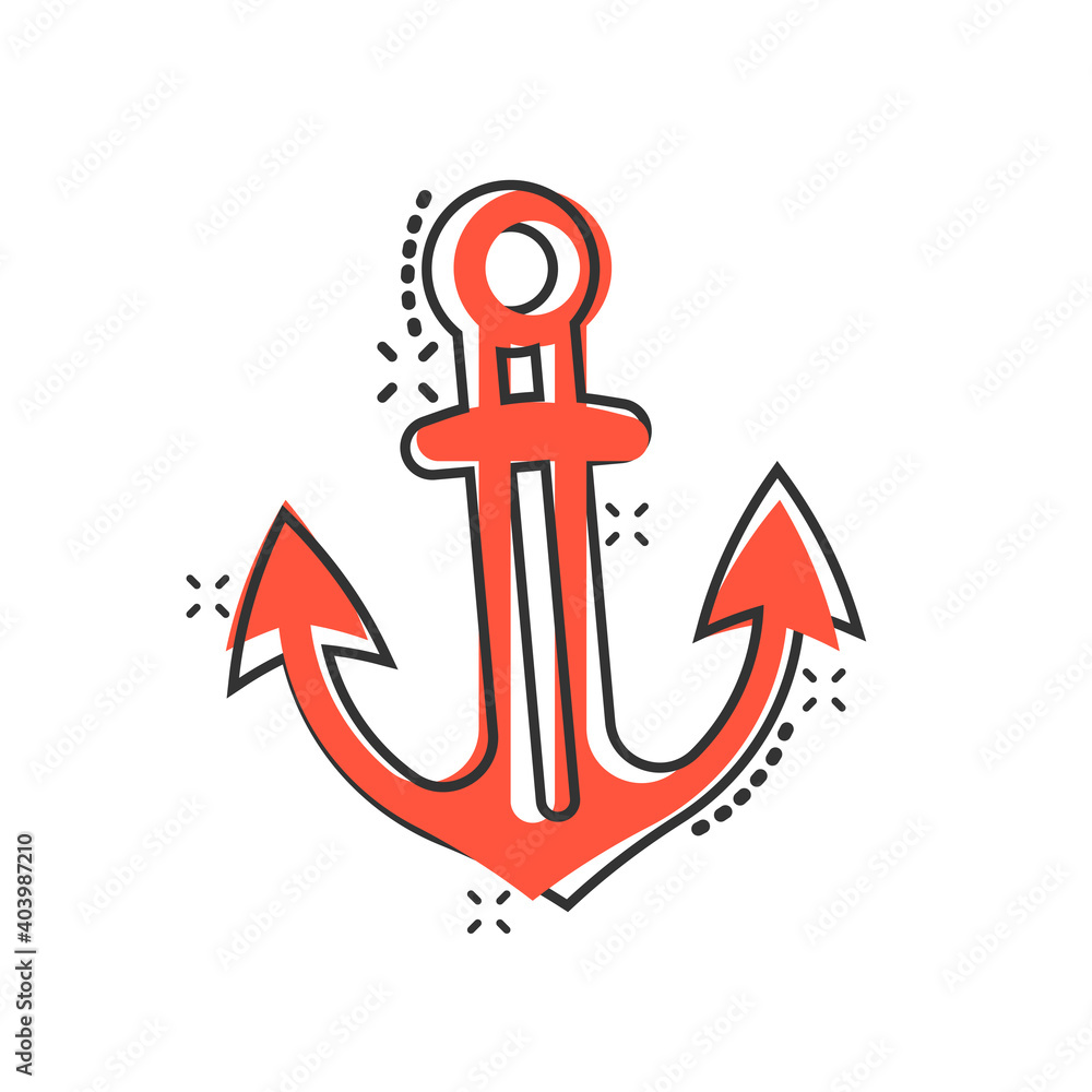Boat anchor icon in comic style. Vessel hook cartoon vector illustration on white isolated background. Ship equipment splash effect business concept.