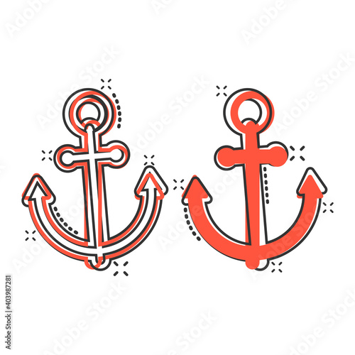 Boat anchor icon in comic style. Vessel hook cartoon vector illustration on white isolated background. Ship equipment splash effect business concept.