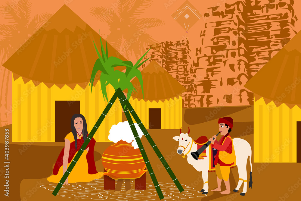 illustration of Happy makar sankranti Holiday Harvest Festival background  with temples, trees, cartoon houses, village girl drawing rangoli, pongal  pot, sugar canes, village boy with ox and trumpet. Stock Vector | Adobe