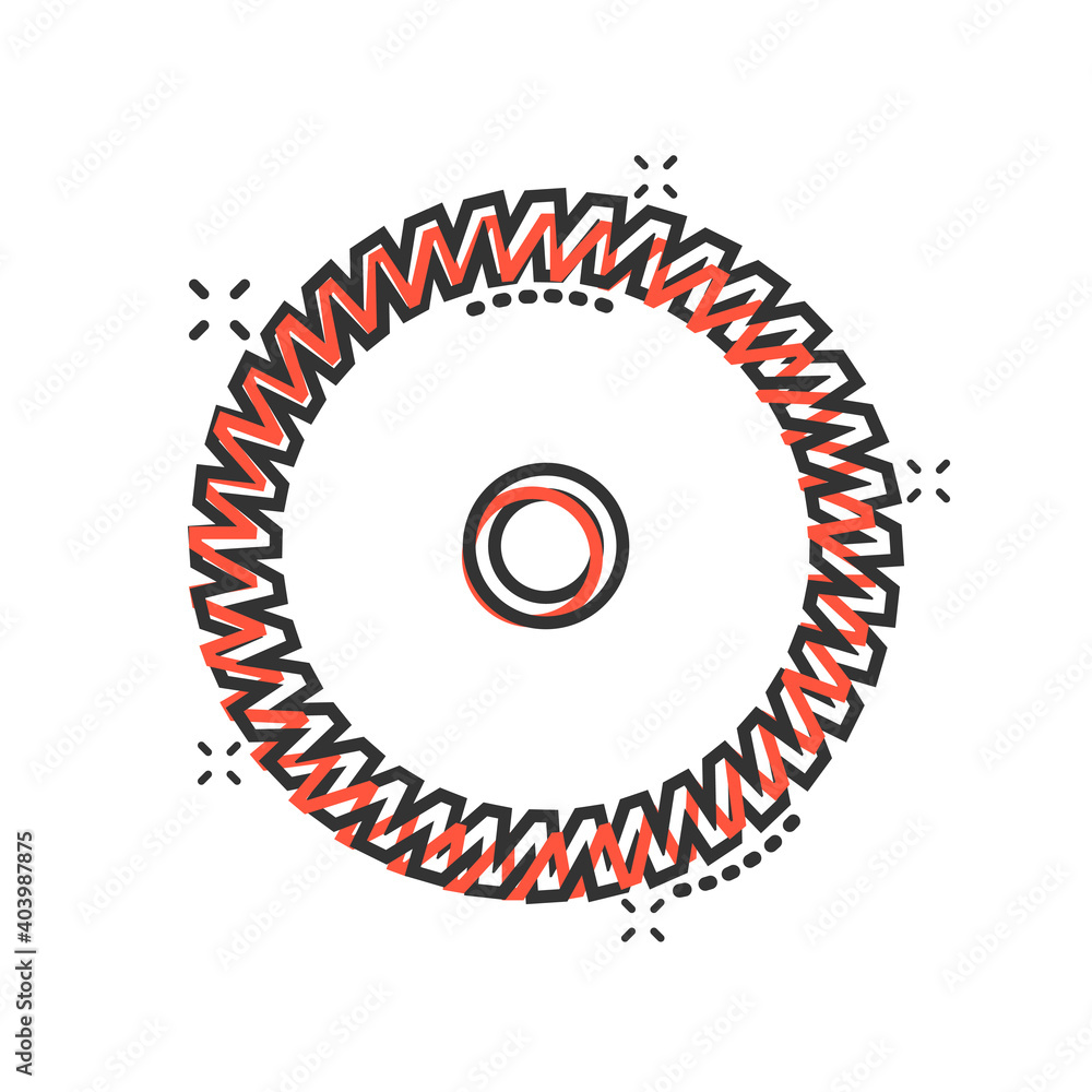 Saw blade icon in comic style. Circular machine cartoon vector illustration on white isolated background. Rotary disc splash effect business concept. Saw blade icon in comic style. Circular machine cartoon vector illustration on white isolated background. Rotary disc splash effect business concept.