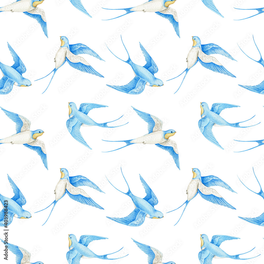 Obraz premium Watercolor seamless pattern swallow background. Flying bird cartoon.