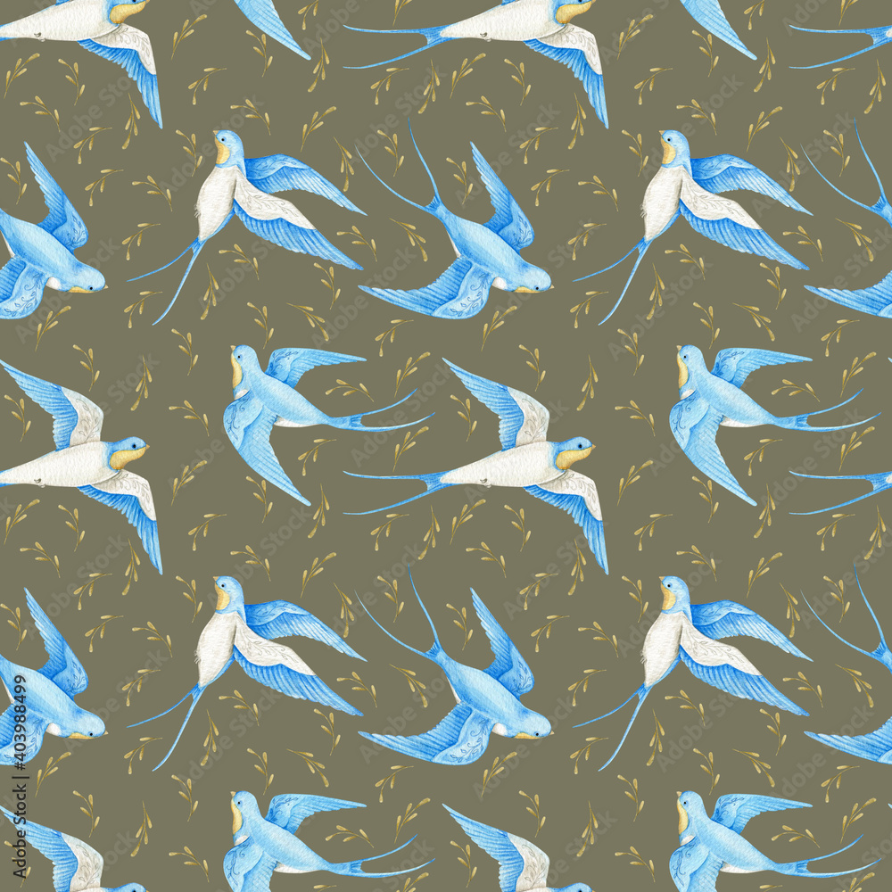 Watercolor seamless pattern swallow background. Flying bird cartoon. Watercolor seamless pattern swallow background. Flying bird cartoon.